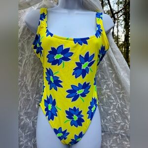 Jantzen Yellow One-Piece Swimsuit with Blue Floral Print